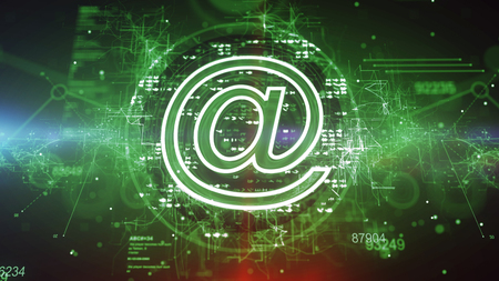 Innovative 3d illustration of a green mailsign cpu with shining pixels put directly in the dark green background. It has an advamced network of crisscross stripes and digits.の写真素材