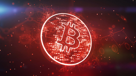Stunning 3d illustration of a sparkling bitcoin symbol put askew in a red circle with bright pixels in the dark violet background with a cheery crisscross network and circles.の写真素材