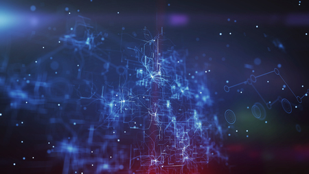 Graphic 3d illustration of a cyberspace cpu placed in the dark blue background. It consists of a network of zigzag, twisting and straight lines imposed on each other.の写真素材