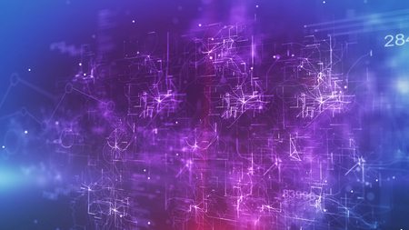 Impressive 3d illustration of a cyberspace cpu with plazma spots in the dark blue background. It has a network of connected crisscross, curvy and slanting lines.の写真素材