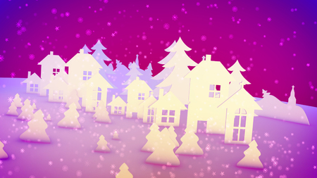 Celebratory 3d illustration of Christmas paper houses with windows and chimneys, a church and pine trees under falling sparkling snowflakes in the pink backgroundの写真素材
