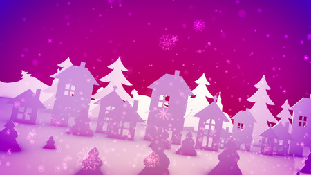 Cheery 3d illustration of Christmas paper houses with windows and chimneys for Santa Claus and pine trees under falling snowflakes in the pink background. They look funny.の写真素材