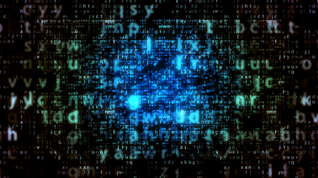 Sci-fi 3d illustration of glowing light blue matrix letters with plazma center in the black background. The screen with big and small letters looks innovative and optimistic.の写真素材