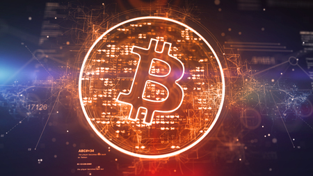 Crypto 3d illustration of a bitcoin symbol located askew in a sparkling golden circle full of pixels in the dark violet background. It looks innovative and optimistic.の写真素材