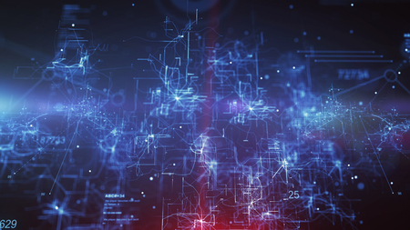 Wonderful 3d illustration of a cyberspace cpu placed in a shining dark blue background. It has a network of crisscross, curvy and straight lines imposed on each other.の写真素材