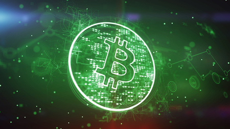 Artistic 3d illustration of a bitcoin symbol put in a shining circle and spinning slowly in the green background. It looks advanced and cheerful inspiring for new deals.の写真素材