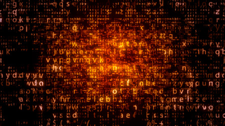 Splendid 3d illustration of dazzling led matrix letters placed in several layers in the black  background. The golden big and small letters look digital, optimistic and hi-tech.の写真素材