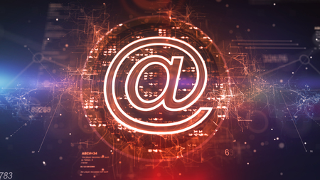 Sci-fi 3d illustration of a plazma cyberspace mailsign cpu placed in the hub of the violet background. It has a cheerful network of circles, zigzag and straight stripes.の写真素材