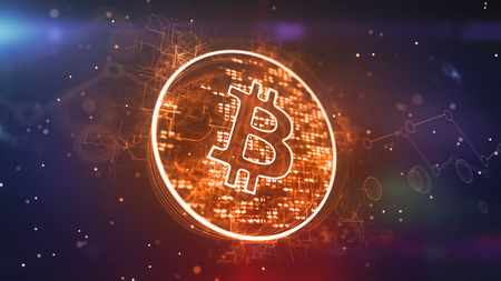Optical art 3d illustration of a bitcoin sign located in a shining golden circle with pixelsn in the violet background. It looks advanced and optimistic inspiring for new business deals.の写真素材