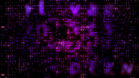 Stunning 3d illustration of sparkling light violet matrix letters with plazma hub and nebulas in the black background. The cyberspace with big and small letters looks breakthrough.の写真素材