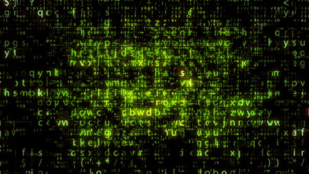Cyber 3d illustration of sparkling salad matrix letters imposed on each other in several layers going down in the black background. The screen looks advanced and celebratory.の写真素材