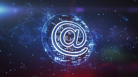 Impressive 3d illustration of a blue at sign cpu with bright pixels in the dark blue background. It has a dazzling meshwork of zigzag and twisting stripes, circles and nebulas.の写真素材