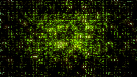 Exciting 3d illustration of shining salad matrix letters imposed on each other in several layers moving down in the black background. The picture looks sci-fi and optimistic.の写真素材