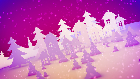 Childish 3d illustration of Christmas paper houses with windows and chimneys for Santa Claus and pine trees placed aslant under cheery snowflakes in the rosy background.の写真素材