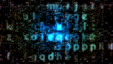 Gorgeous 3d illustration of shining celeste matrix letters falling down fast in the black background. The picture looks incredible, optimistic and advanced.の写真素材