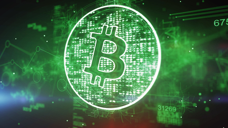 Holographic 3d illustration of a bitcoin symbol put in a shimmering circle with many bright pixels in the green background. It looks advanced, businesslike and optimistic.の写真素材