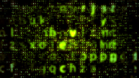 Impressive 3d illustration of shimmering salad matrix letters with a big heart in the center going down in the black background. The image looks hi-tech and cheerful.の写真素材