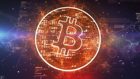Splendid 3d illustration of a golden bitcoin symbol located askew in a plazma circle with radiant pixels in the dark violet background with a meshwork and nebulas. It looks innovative.の写真素材