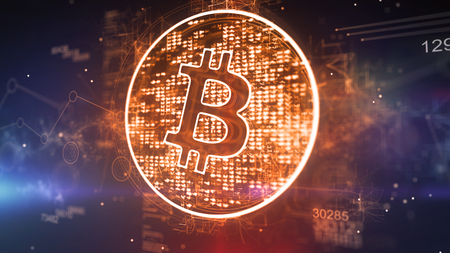 Wonderful 3d illustration of a bitcoin symbol located aslant in a dazzling golden circle with 129 and bright pixels in the dark violet background. It looks cheery and ambitious.の写真素材