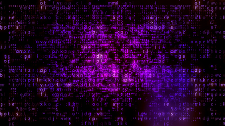 Incredible 3d illustration of glowing light violet matrix letters with plazma center in the black background. The screen with big and small letters looks innovative and funny.の写真素材