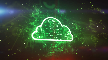 Holographic 3d illustration of a cyberspace cloud cpu with bright pixels in the green background. It consists of a sparkling network of zigzag, twisting and straight lines.の写真素材