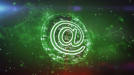 Stunning 3d illustration of a green at symbol cpu with sparkling pixels put aslant in the dark green background. It has a cheerful meshwork of zigzag stripes and blurs.の写真素材