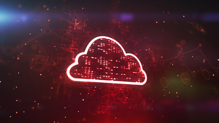 Exciting 3d illustration of a red cyberspace cloud cpu with glittering pixels in the dark violet background. It consists of a dazzling network of zigzag and curvy lines.の写真素材