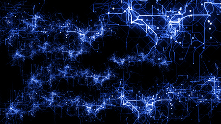 Arty 3d illustration of sparkling plazma cluster in the dark blue and black background with numerous spots and twisting lines. It looks futuristic and psychedelic.の写真素材