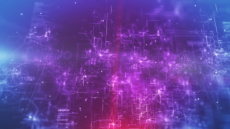 Optical art 3d illustration of a cyberspace cpu with a straight red stripe in the dark blue background. It has a grate of connected zigzag, curvy and twisting lines.の写真素材