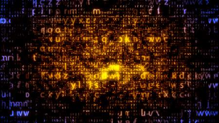 Astonishing 3d illustration of sparkling yellow and celeste matrix letters moving down in the dark blue and black background. The screen looks sci-fi, cheerful and modern.の写真素材