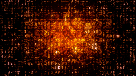 Wonderful 3d illustration of gleaming neon matrix letters going down in the black  background. The yellow big and small letters look optimistic, festive and innovative.の写真素材