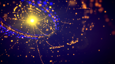 Cyberspace 3d illustration of a sphere with many yellow and blue circles inside with particle waves spinning around in the dark violet background. It looks like a plazma center.の写真素材