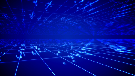 Stunning 3d illustration of time tube from two horizontal surfaces covered with square nets and soaring spots and lines in the dark blue background. It creates the mood of fantasy.の写真素材