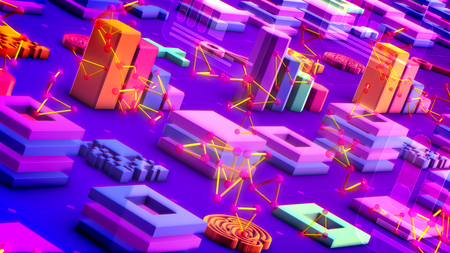 Jolly 3d illustration of colorful bar graphs, lines of squares, lengthy keys, large pluses, square mazes, and bright golden triangulars in the violet background. It looks optimistic.の写真素材