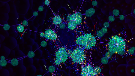 Abstract 3d illustration of cyberspace celeste plexus bundles connected with each other and flying around in the dark blue background. They look festive and optimistic.の写真素材