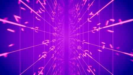 Innovative 3d illustration of time portal from two inclined surfaces with square pink meshes and rotating circles in the light violet backdrop. It creates the mood of mobilityの写真素材