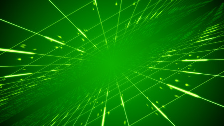 Striking 3d illustration of time portal from two moving surfaces covered with square nets and spinning dots in the green background. It generates the hi-tech mood of innovation.の写真素材