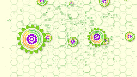 Cheerful 3d illustration of multishaped cyber security gear wheels of light green, yellow and violet colors in the white background. They shape the mood of optimism.の写真素材