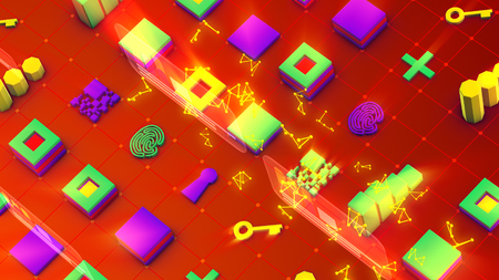 Stunning 3d illustration of colorful bar graphs, lines of squares, long keys, large pluses and spinning golden triangulars in the dark red background. They look optimistic and jolly.の写真素材