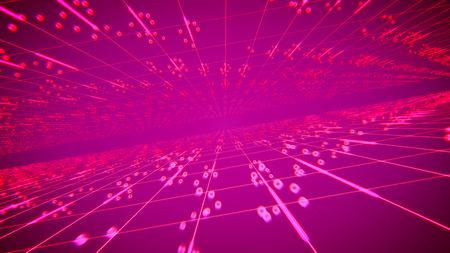 Imposing 3d illustration of time tube from two leaning surfaces covered with square rosy nets and flying spots in the dark pink background. It creates the cheery and futuristic mood.の写真素材
