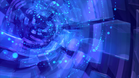 Mysterious 3d illustration of rotating bricks and spots flying in transparent nebulas in the blue background. It looks like an enigmatic and transparent cosmos hole.の写真素材