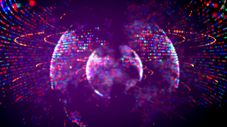 Amazing 3d illustration of four shimmering blue and red spheres spinning inside of each other in the black background with orange lines around. It looks like a pop music light.の写真素材