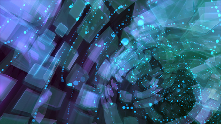 Sci-fi 3d illustration of rotating see-through bricks and spots soaring in spirals in the black background. It looks like a futuristic and advanced universe time portalの写真素材