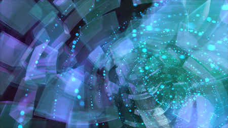 Multilayered 3d illustration of rotating big bricks flying in blurred nebulas in the black background. It looks like a mysterious, psychedelic and transparent black hole.の写真素材
