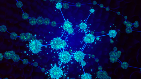 Arty 3d illustration of cyberspace plexus bundles connected with hexagonal and straight lines glittering brightly in the blue background. They shape the feeling of celebration.の写真素材