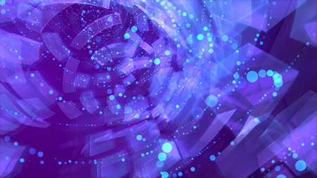 Enigmatic 3d illustration of spinning bricks and spots flying in curvy spirals in the blue background. It looks like a futuristic and transparent cosmos time tube.の写真素材
