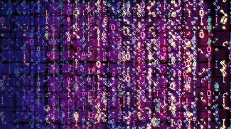 Striking 3d illustration of straight stripes from moving pins and snaps placed perpendicular in the black and dark blue background wish a mesh of squares. They look artistic.の写真素材