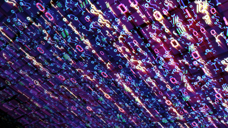 Volumetric 3d illustration of diagonal flows of flying pins, snaps, fasteners, and badges in the dark blue and and rosy background with a net of squares. They look cheerful.の写真素材