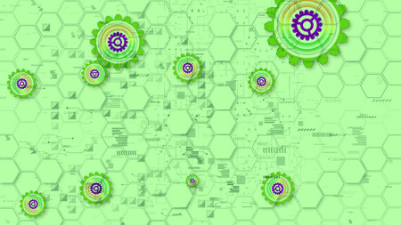 Magnificent 3d illustration of cyber security cogwheels of salad, violet and yellow colors in the light green background from hexagons, triangles and brackets. They look cheery.の写真素材