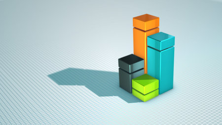 Impressive 3d illustration of four cubic squares of golden, blue, green and black colors placed on a...
